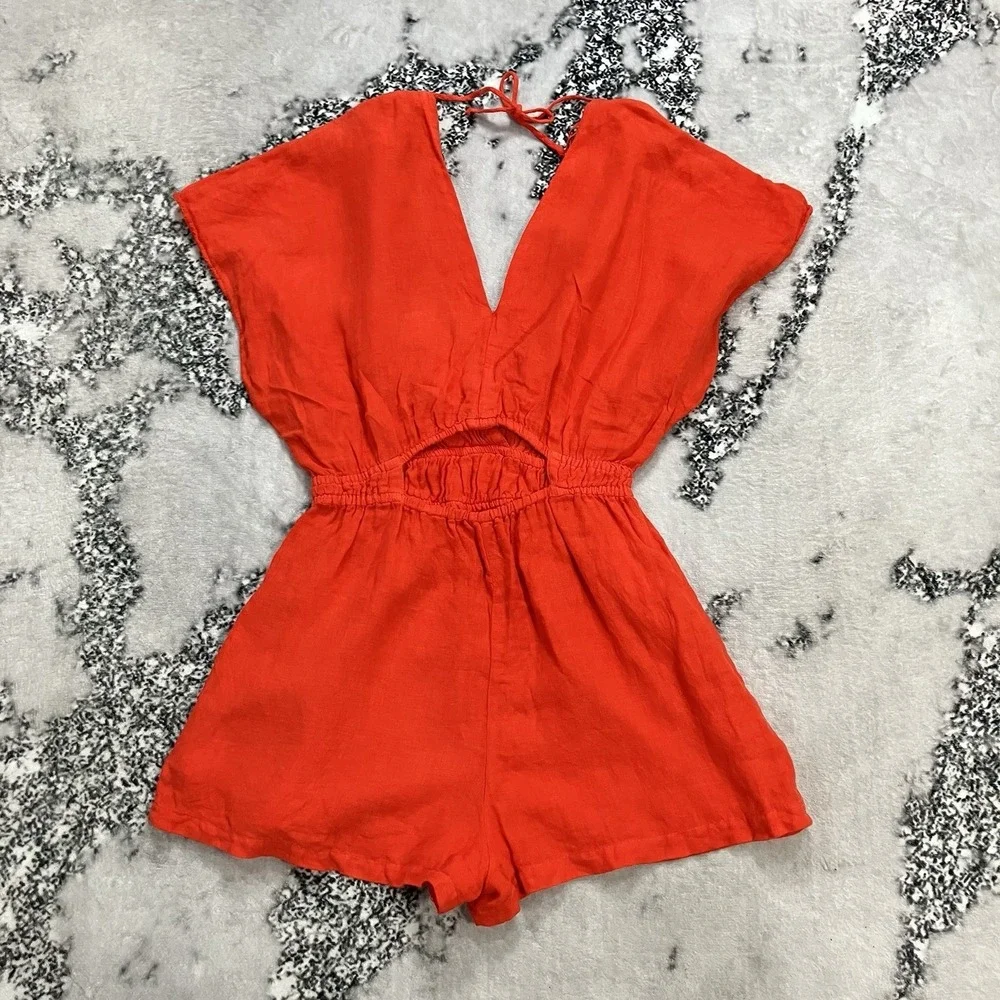 Zara Red Orange Linen Romper Womens Small V Neck Open Back Elastic Waist